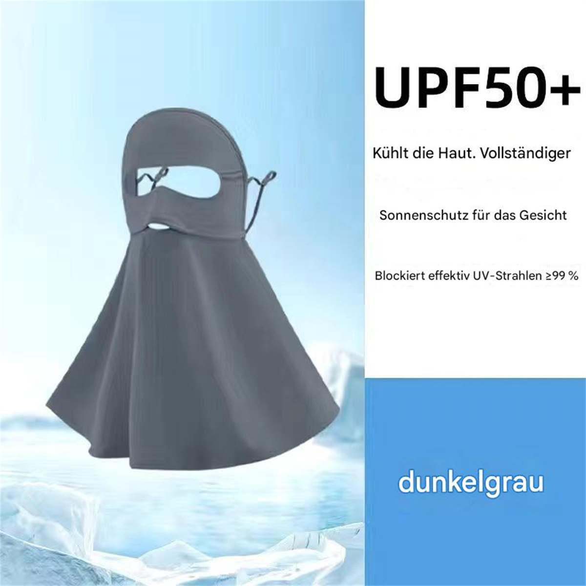 Grauer Gesichtsschutz mit UPF50+ Text. Der Schutz hat ein kapuzenartiges Design, hellblauer Eis-Hintergrund.