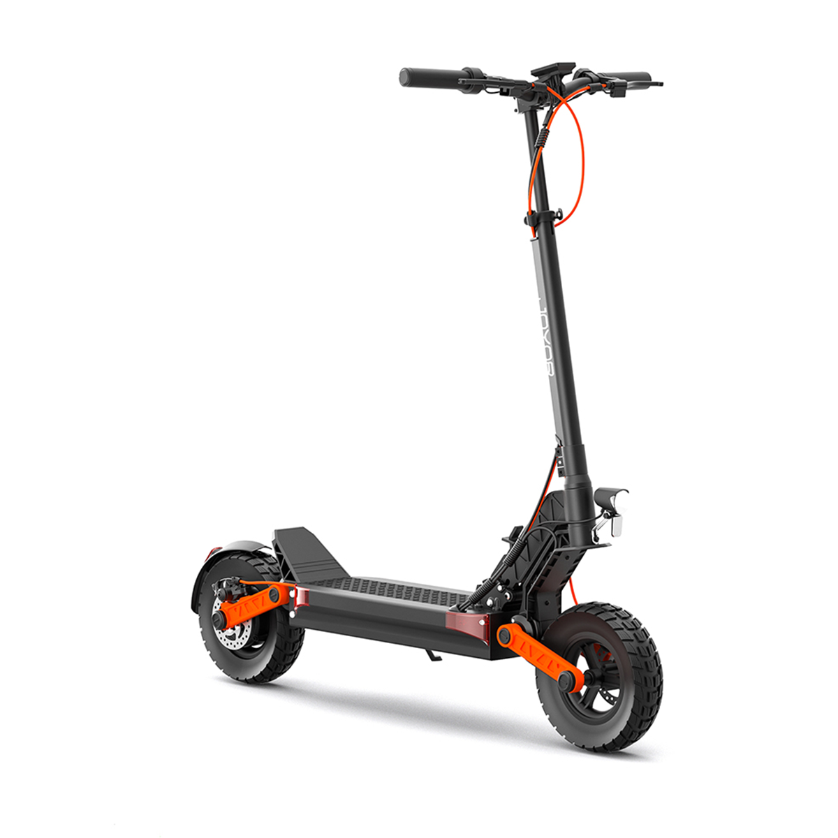 Scooter elettrico nero e arancione su sfondo bianco con accenti arancioni.