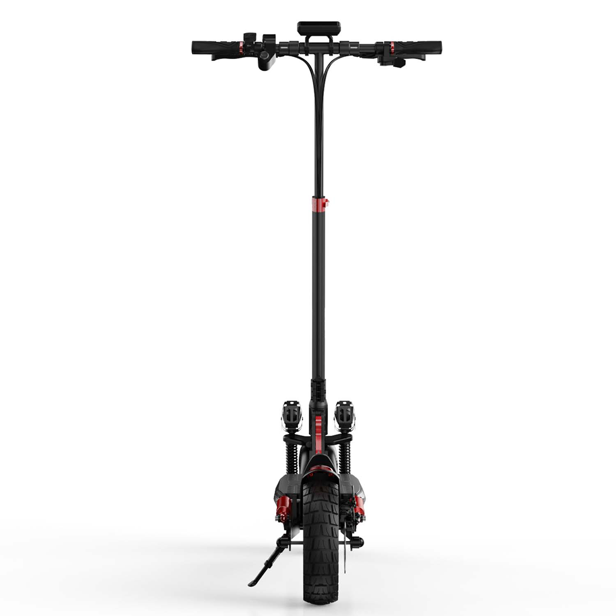 Widok z przodu czarno-czerwonej hulajnogi elektrycznej. Widoczna kierownica i koła.