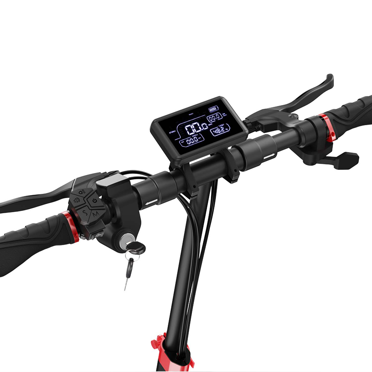 Kierownica hulajnogi elektrycznej z cyfrowym wyświetlaczem, przyciskami i klawiszami. Czerwone akcenty.