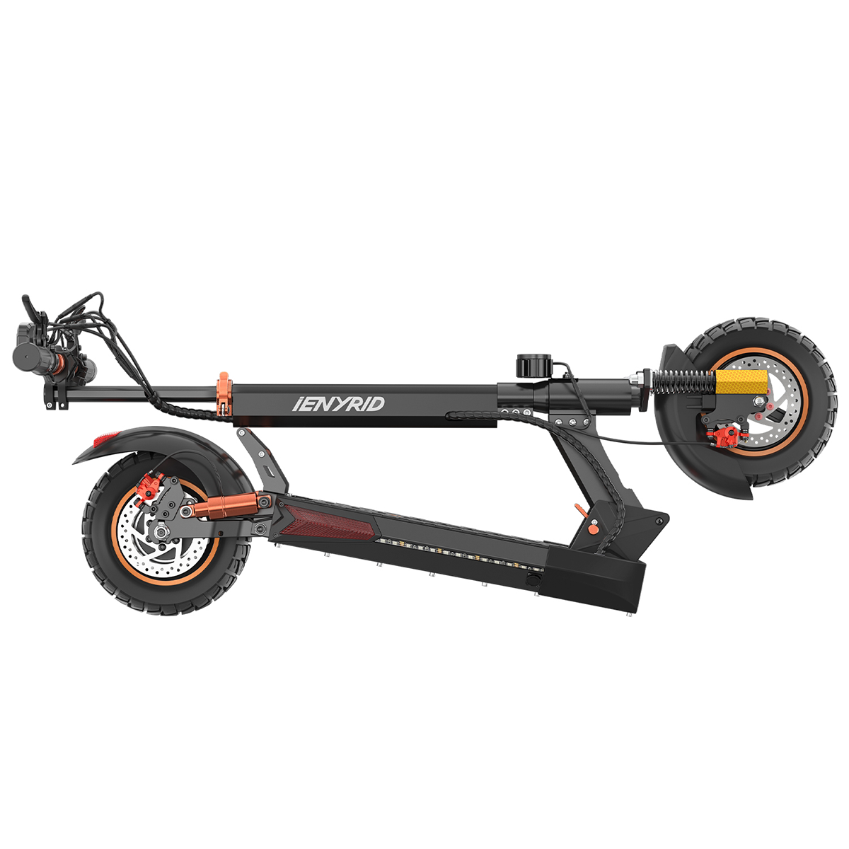 Monopattino elettrico nero e arancione. Profilo laterale con ruote e dettagli del motore.