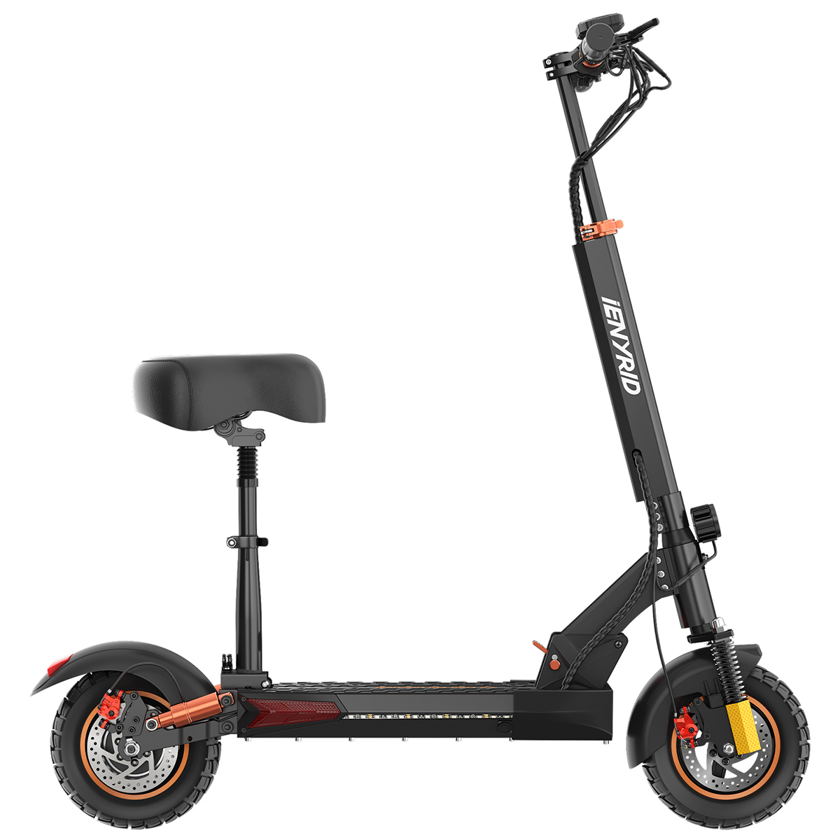 Uno scooter elettrico con sedile, schema di colori nero e arancione.