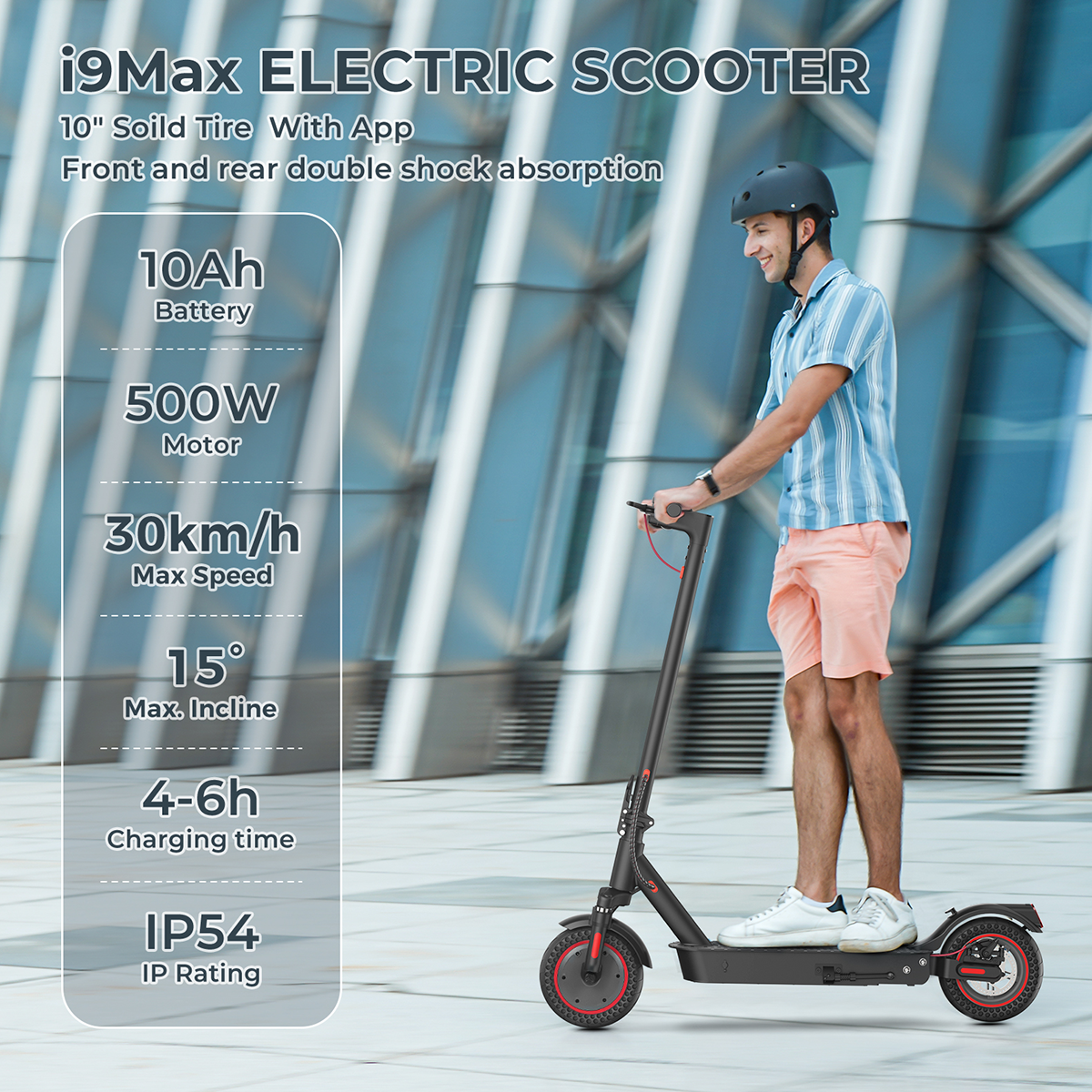 Mężczyzna jedzie czarną hulajnogą. Informacje: bateria, silnik, prędkość, nachylenie i czas ładowania.