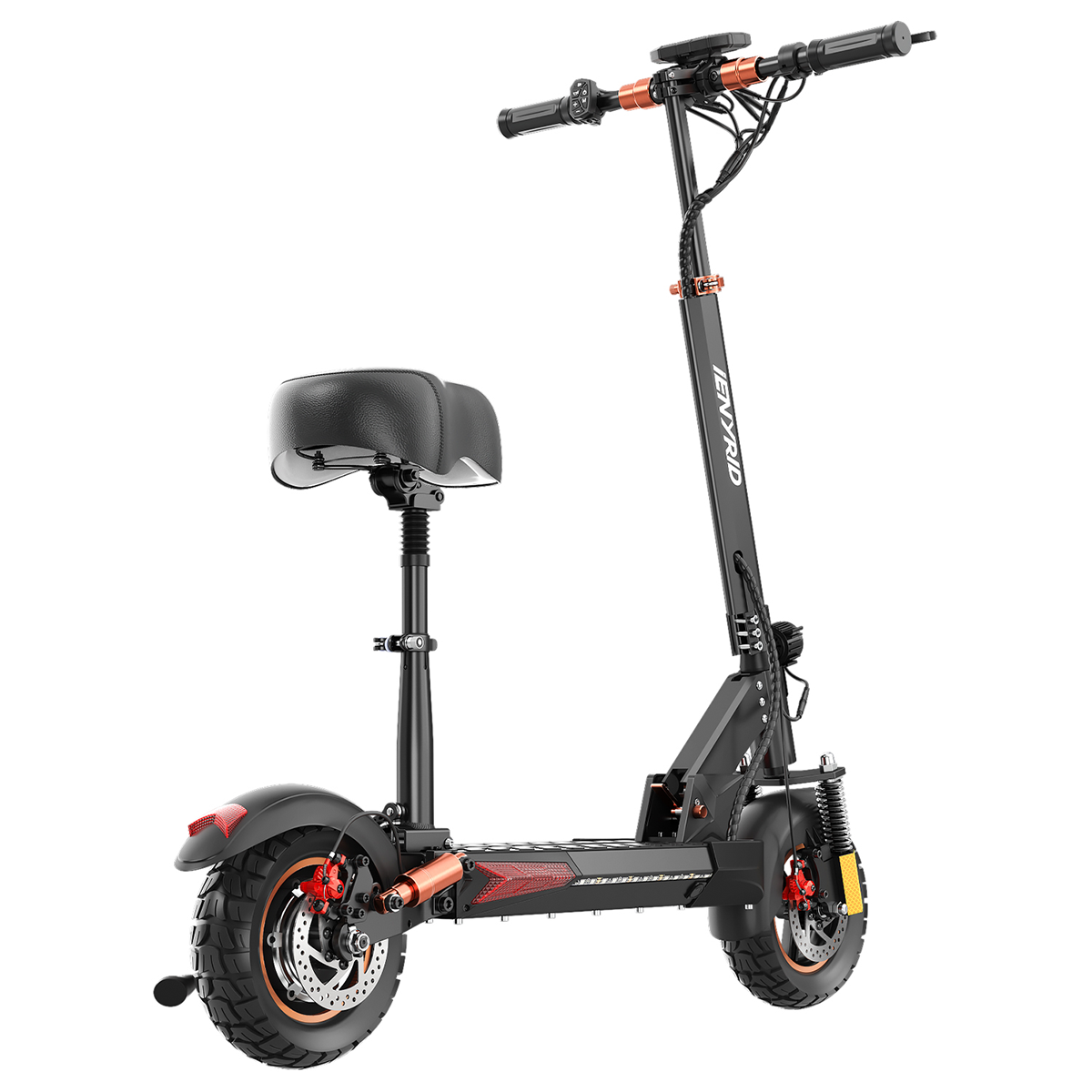 Scooter elettrico nero e arancione con sedile, pneumatici grandi e display sul manubrio, su sfondo bianco.