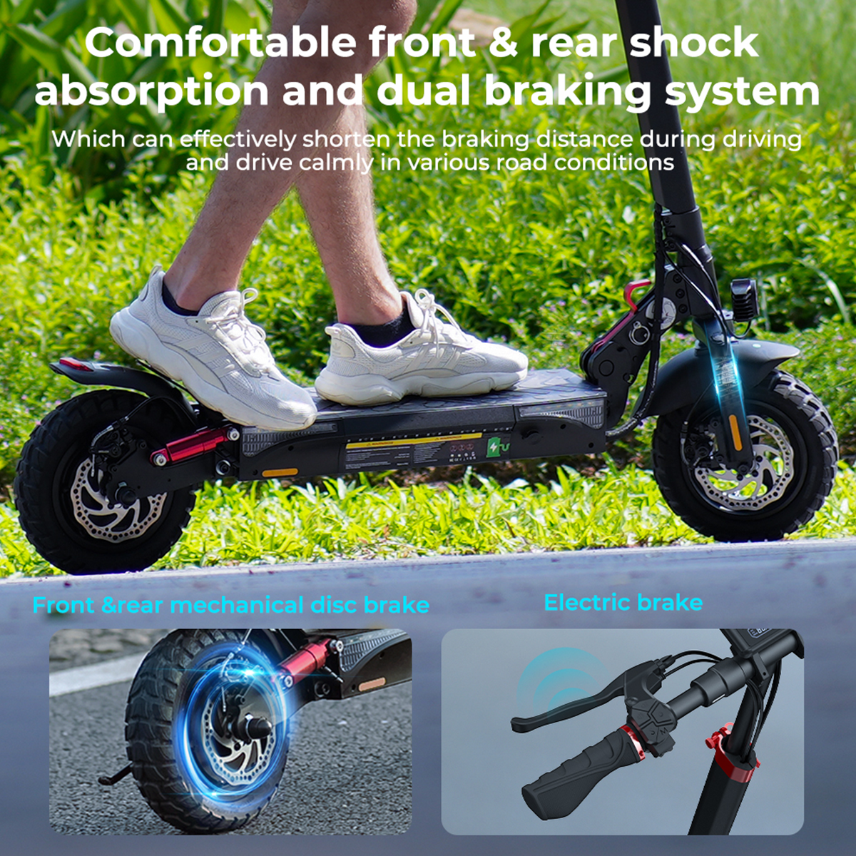 Osoba jadąca skuterem elektrycznym po drodze. Poniżej zbliżenia hamulców. Zielone tło.