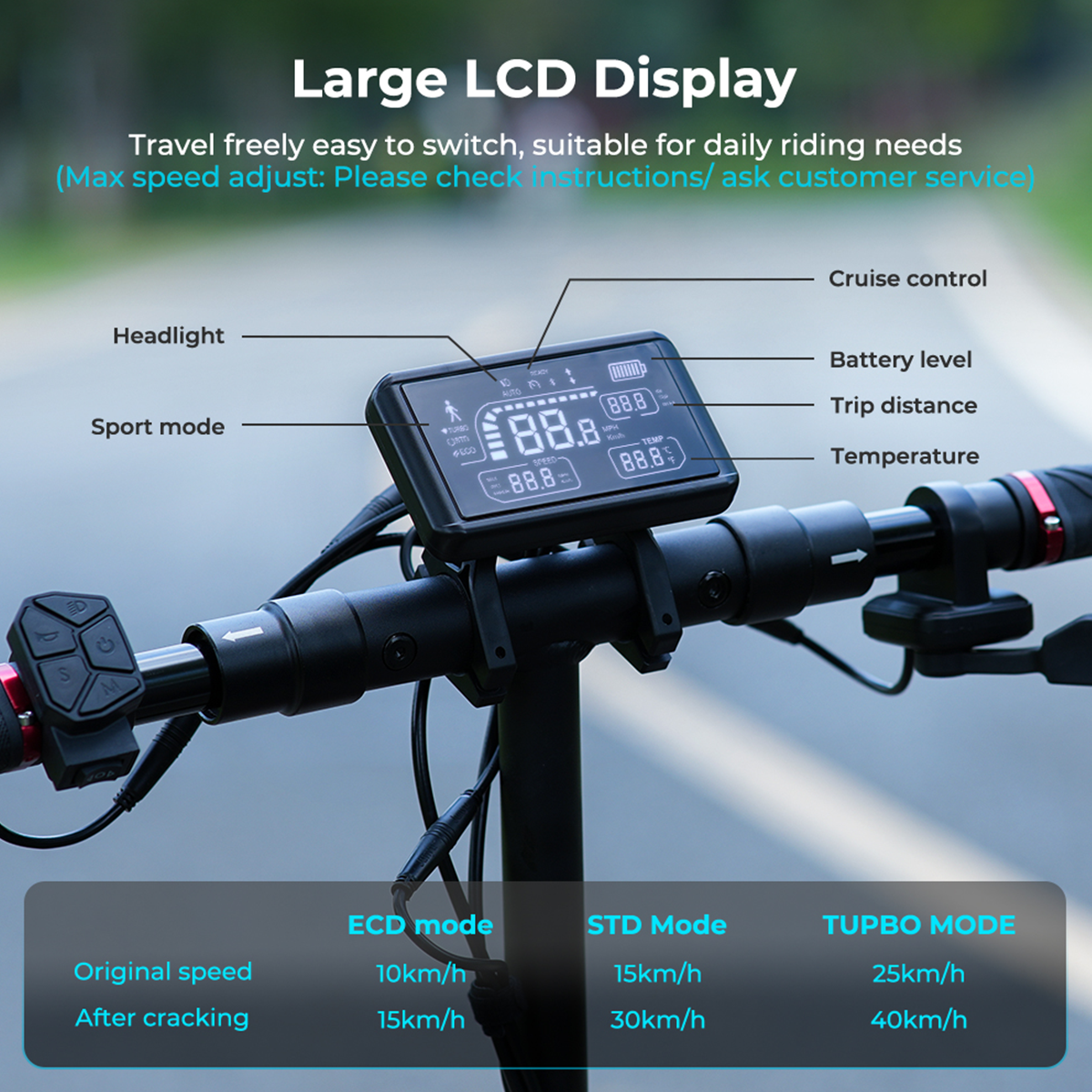 Deska rozdzielcza skutera elektrycznego pokazująca prędkość, poziom naładowania baterii i tryb jazdy.