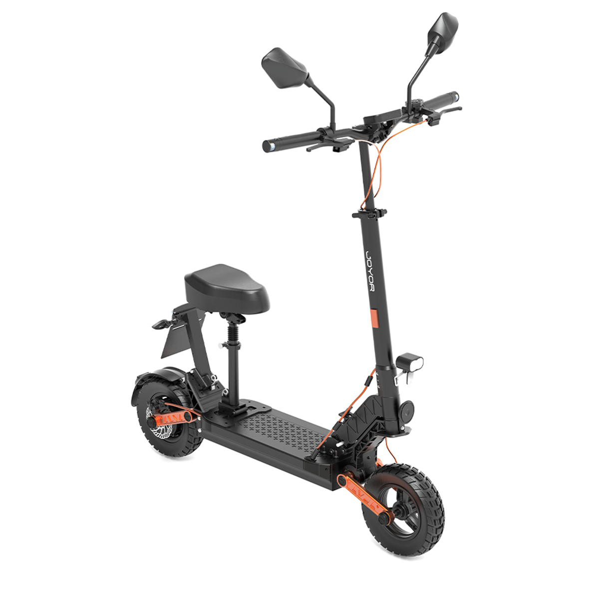 Scooter elettrico nero con accenti arancioni, un sedile e specchietti.