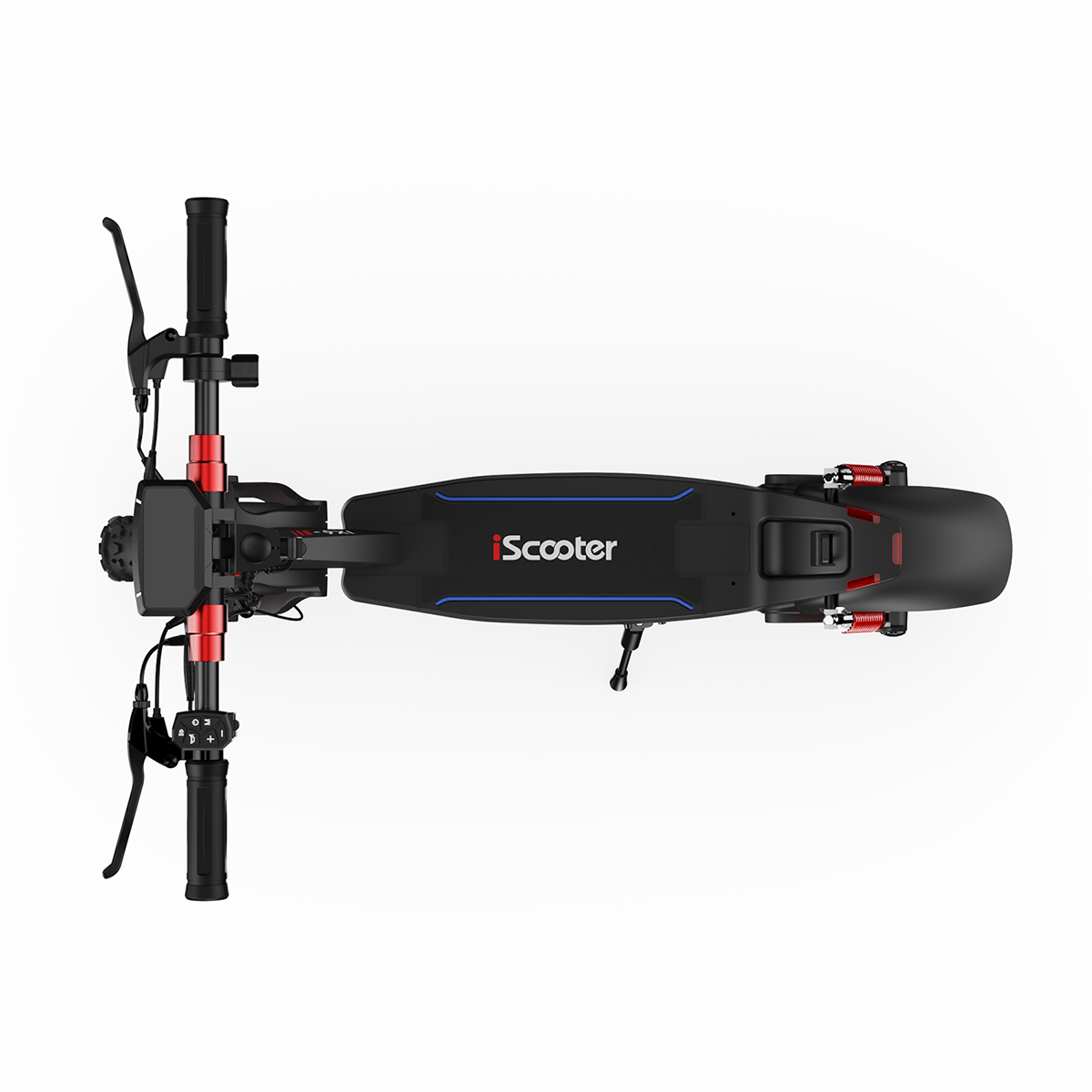 Widok z góry na iScooter. Czarno-niebieski design. Kierownica z kontrolkami, czerwone akcenty. Białe tło.