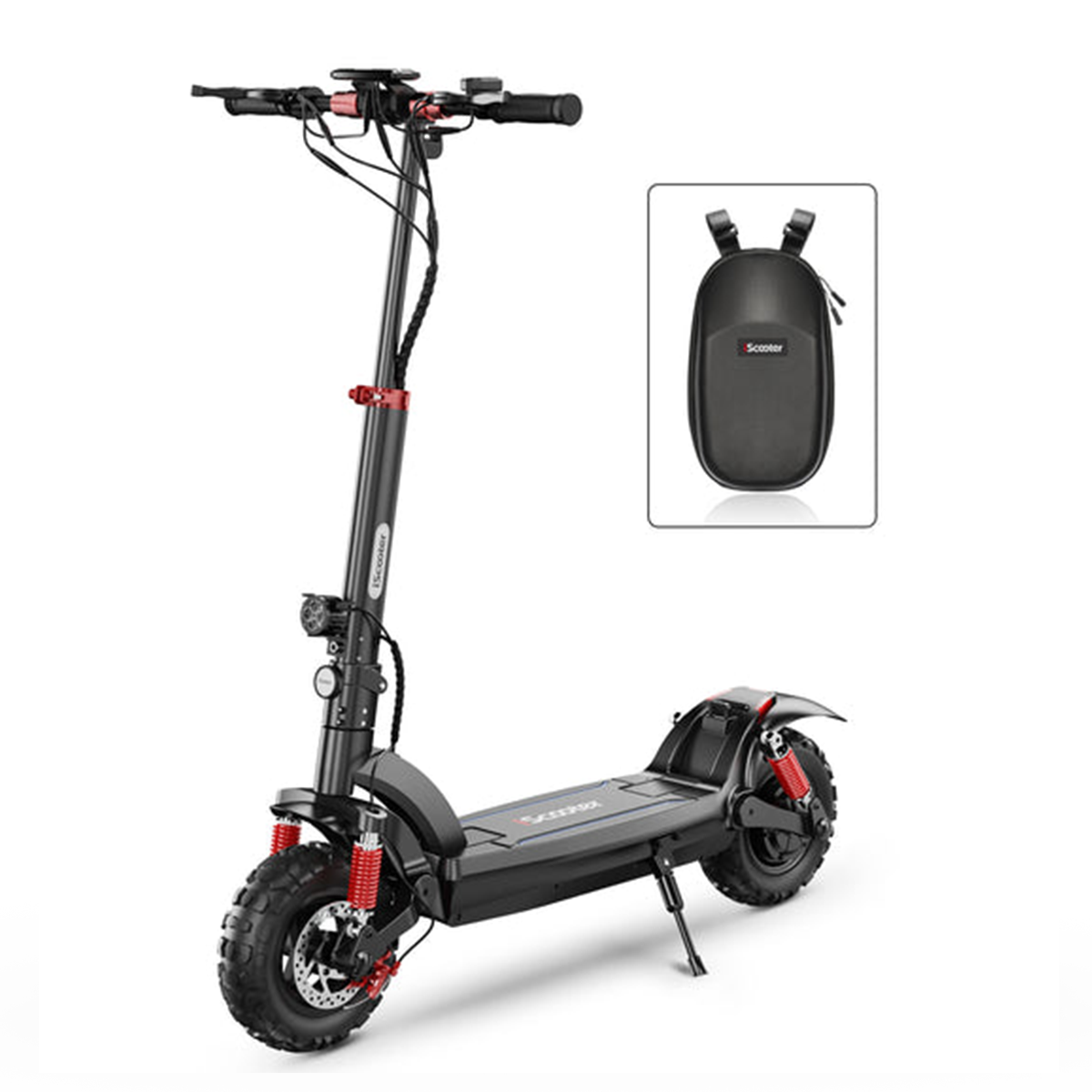 Czarna hulajnoga elektryczna z czerwonymi akcentami i małą czarną torbą. Białe tło.