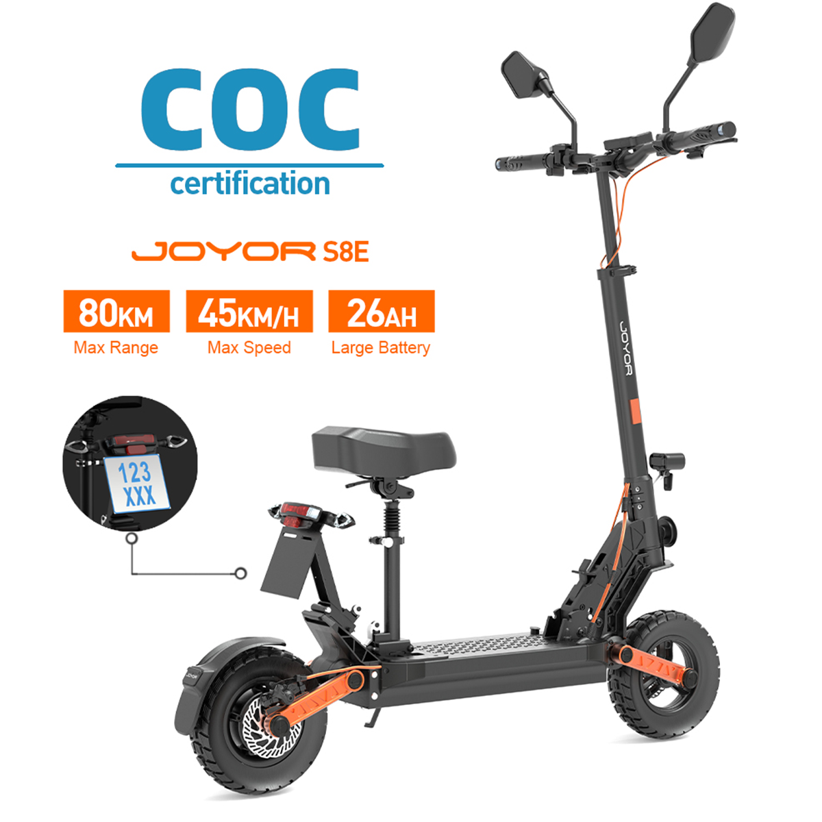 Scooter elettrico con grafica informativa, inclusi velocità, autonomia e dettagli della batteria, su sfondo bianco.