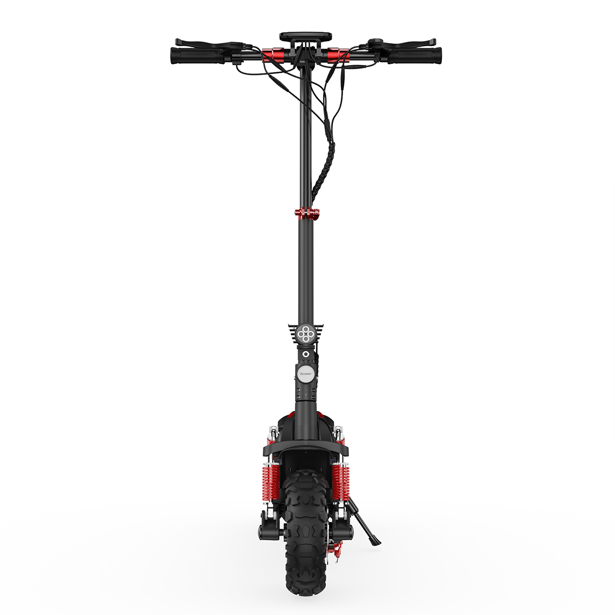 Czarno-czerwona hulajnoga elektryczna, widok z przodu.