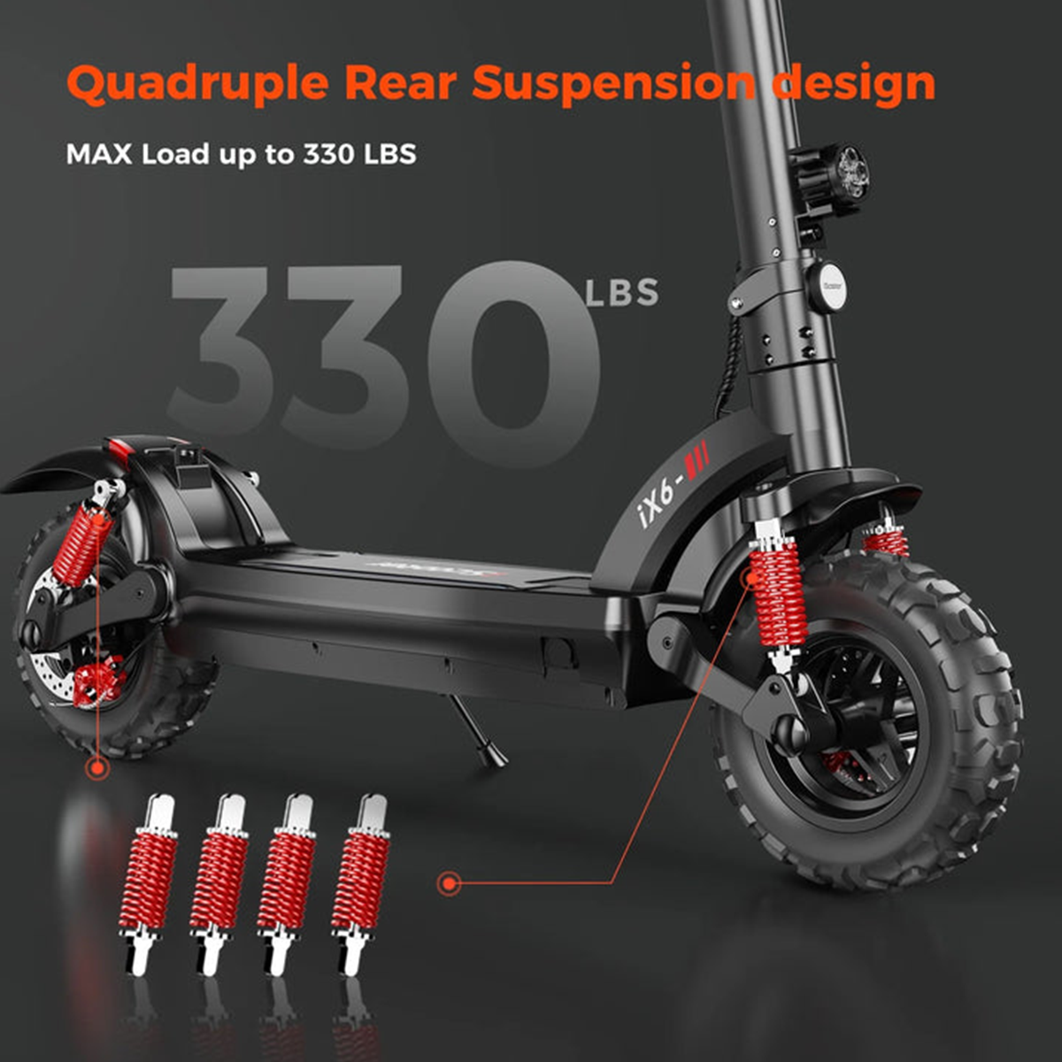 Czarna hulajnoga elektryczna z czerwonymi amortyzatorami i oponami. Hulajnoga stoi na czarnej powierzchni, z nakładką tekstową.