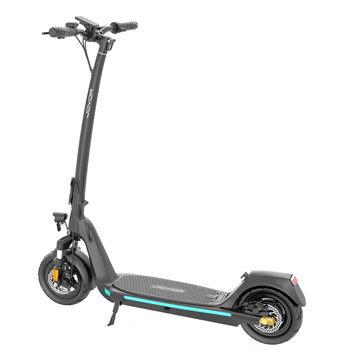 Scooter elettrico nero e grigio, isolato su sfondo bianco. Ha manubrio e ruote.