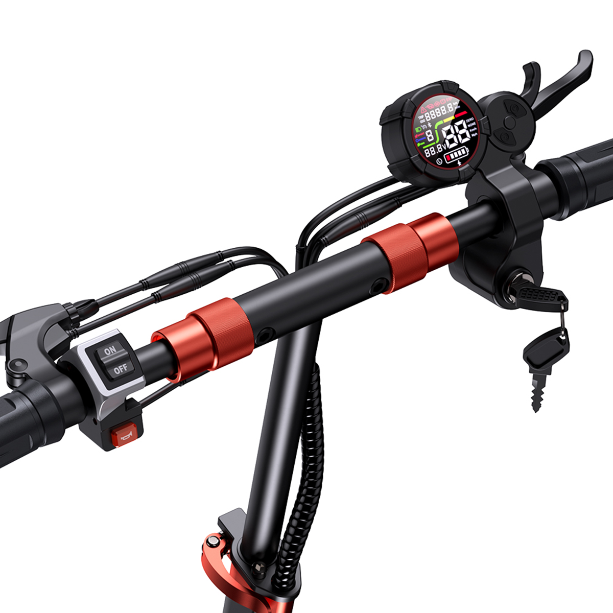 Kierownica hulajnogi elektrycznej z wyświetlaczem, czerwonymi akcentami, czarnymi i srebrnymi elementami. Zbliżenie.