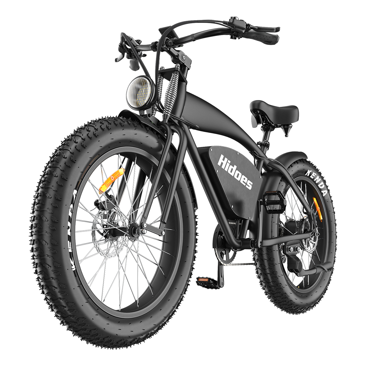 Czarny elektryczny rower fat bike. Duże opony, reflektor i logo Hidow na ramie. Czarny kolor.