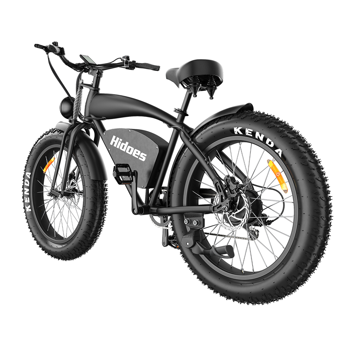 Czarny rower elektryczny z dużymi oponami, widok z tyłu i z boku.