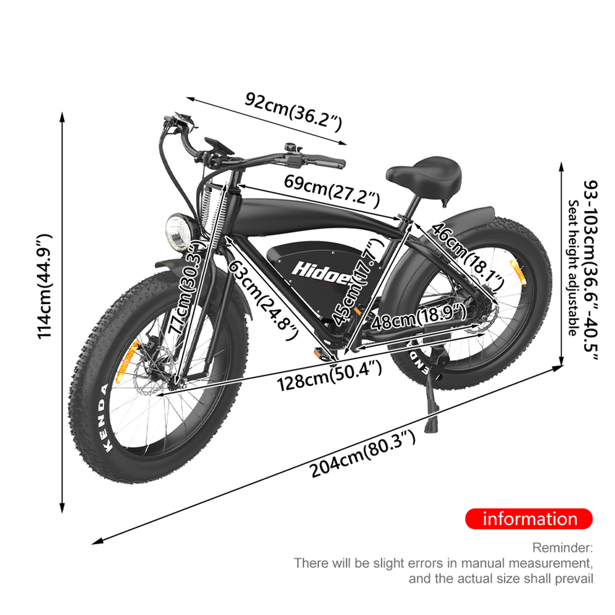 Czarny rower elektryczny z wymiarami. Pokazuje wymiary roweru, wysokość siodełka i inne szczegóły.