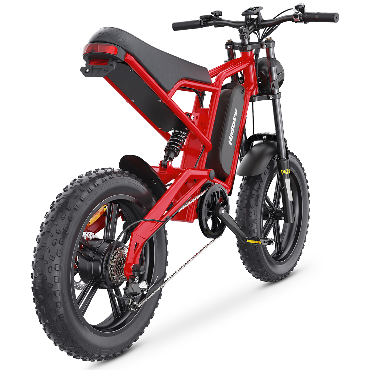 Czerwony motocykl elektryczny, widok z tyłu, białe tło. Ma czarne opony i czarne siedzenie. Widoczny tekst.