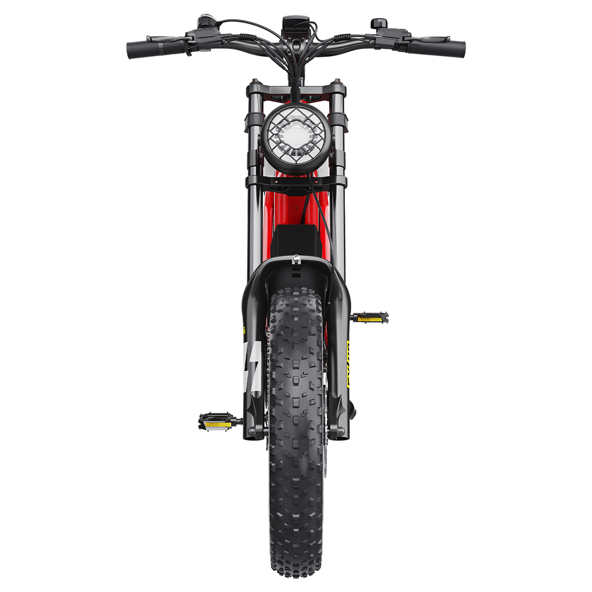 Czerwony motocykl elektryczny, widok z przodu, z czarnymi oponami i dużym reflektorem.