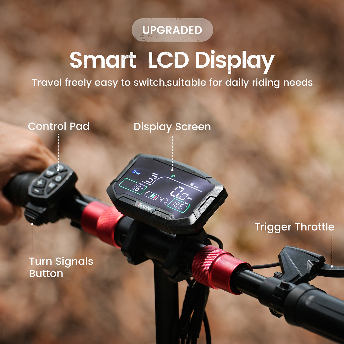 Kierownica skutera z wyświetlaczem i przyciskami jest pokazana, widoczny jest uchwyt przepustnicy.