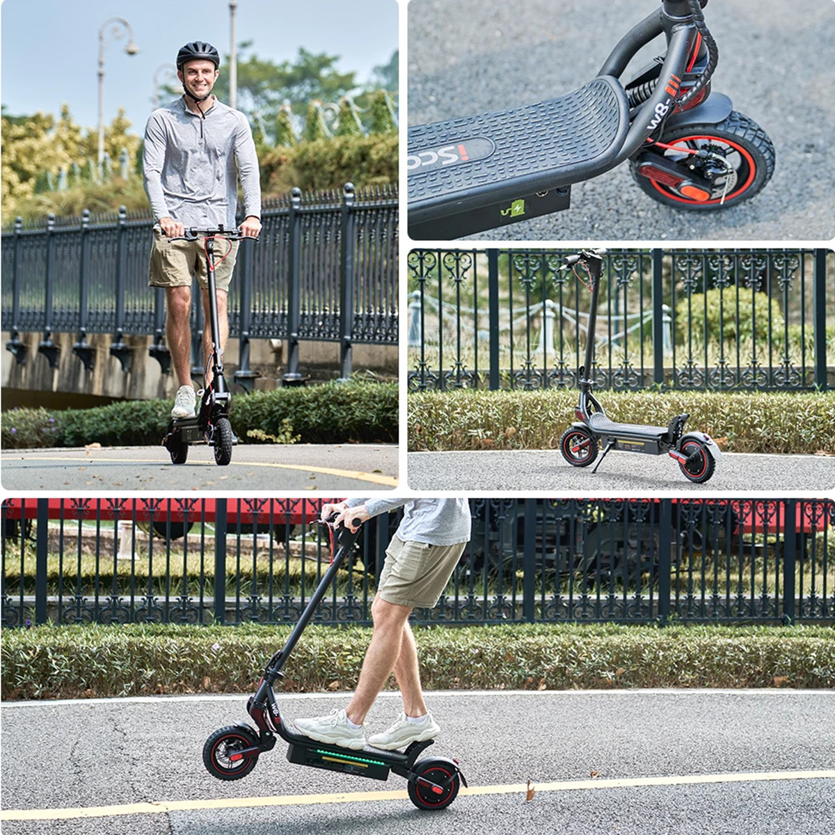 Wiele zdjęć osoby jeżdżącej na hulajnodze elektrycznej w różnych kontekstach, na zewnątrz. Pokazano ludzi.