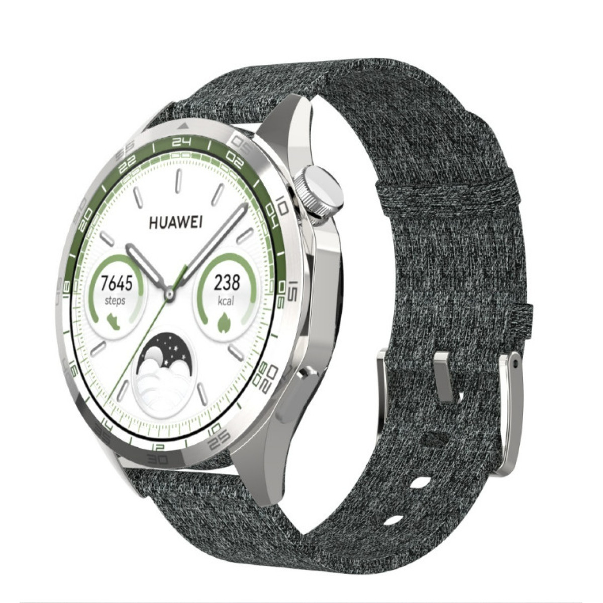 Srebrny smartwatch z szarym paskiem z tkaniny. Tarcza pokazuje kroki, kalorie i fazę księżyca.