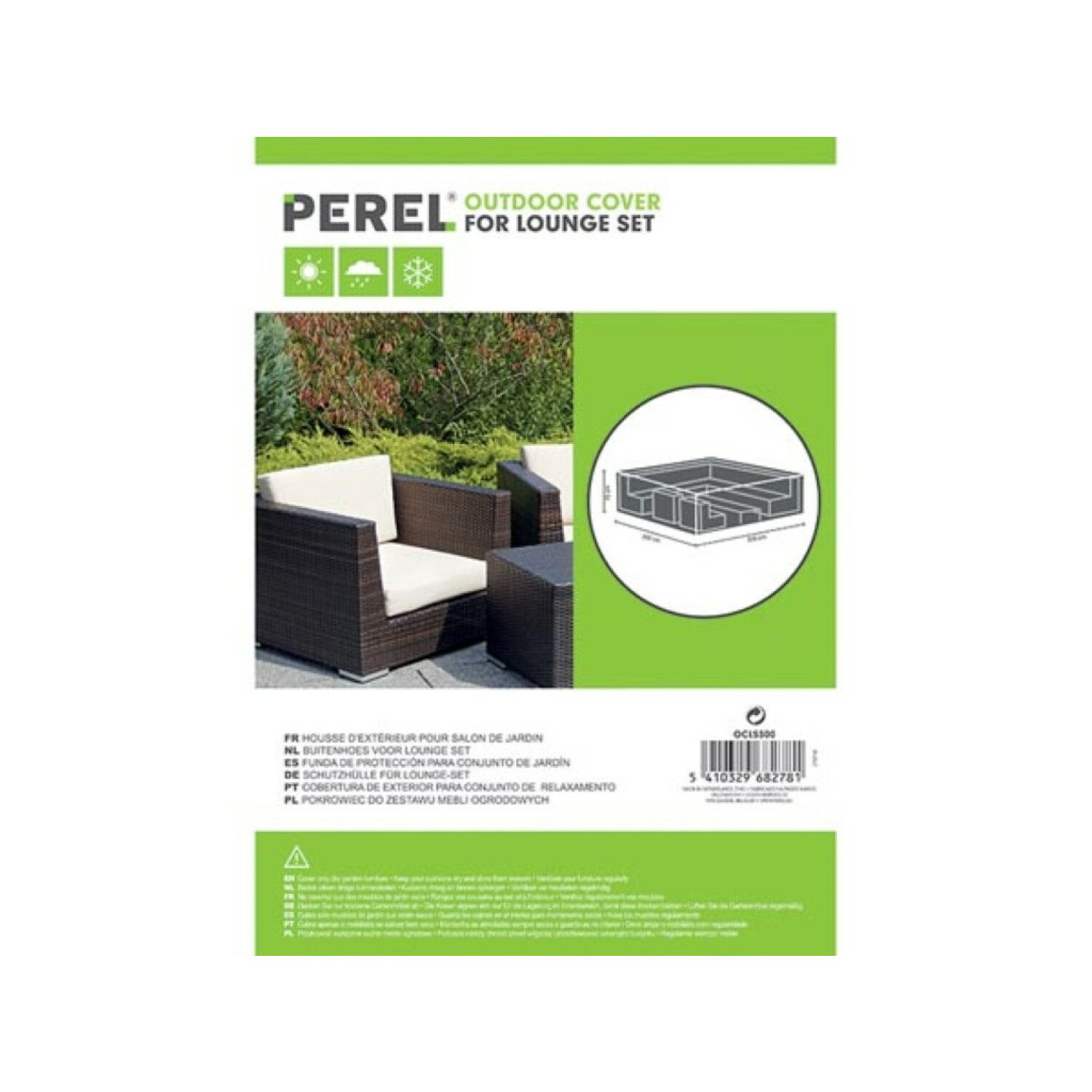 Eine weiße Verpackung mit grünem und weißem Text. Es hat ein Diagramm einer Outdoor-Lounge-Set-Abdeckung.