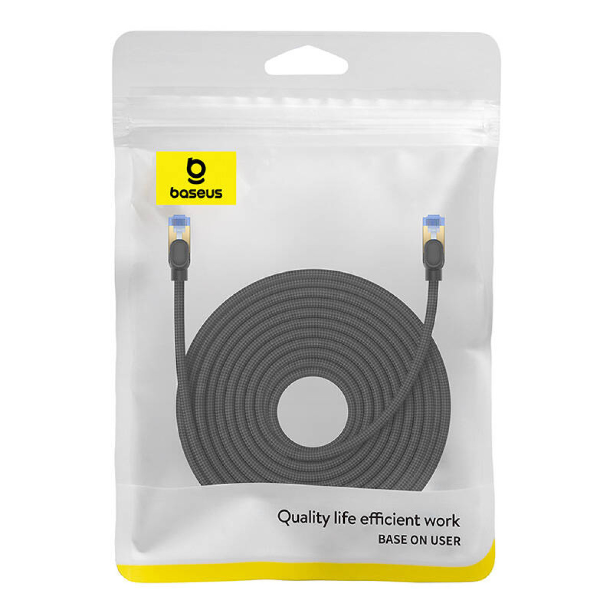 Un cavo Baseus in una confezione di plastica trasparente, con un cavo nero arrotolato all'interno.