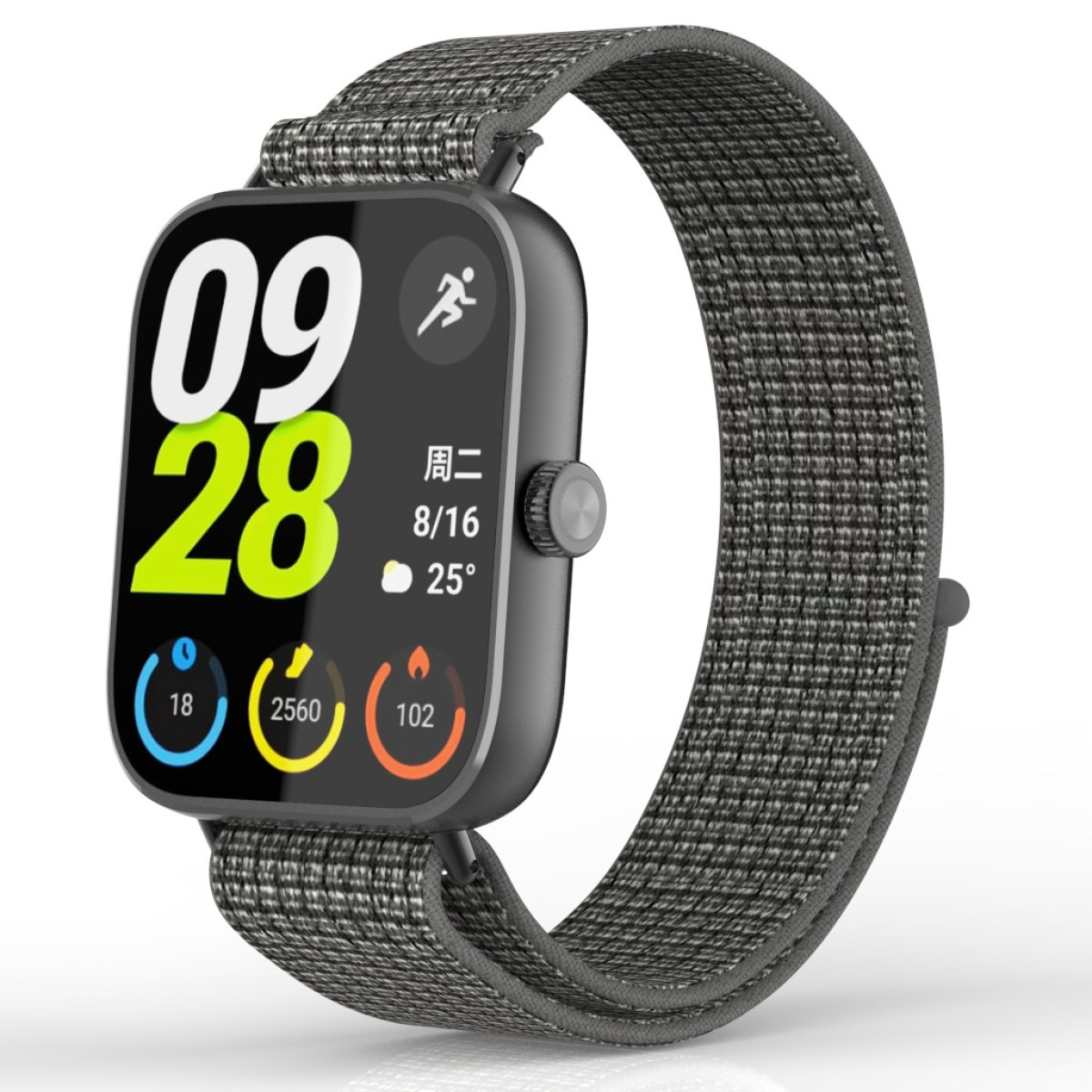 Eine graue Smartwatch mit einem grauen Armband. Das Zifferblatt zeigt die Zeit und andere Metriken auf schwarzem Hintergrund an.