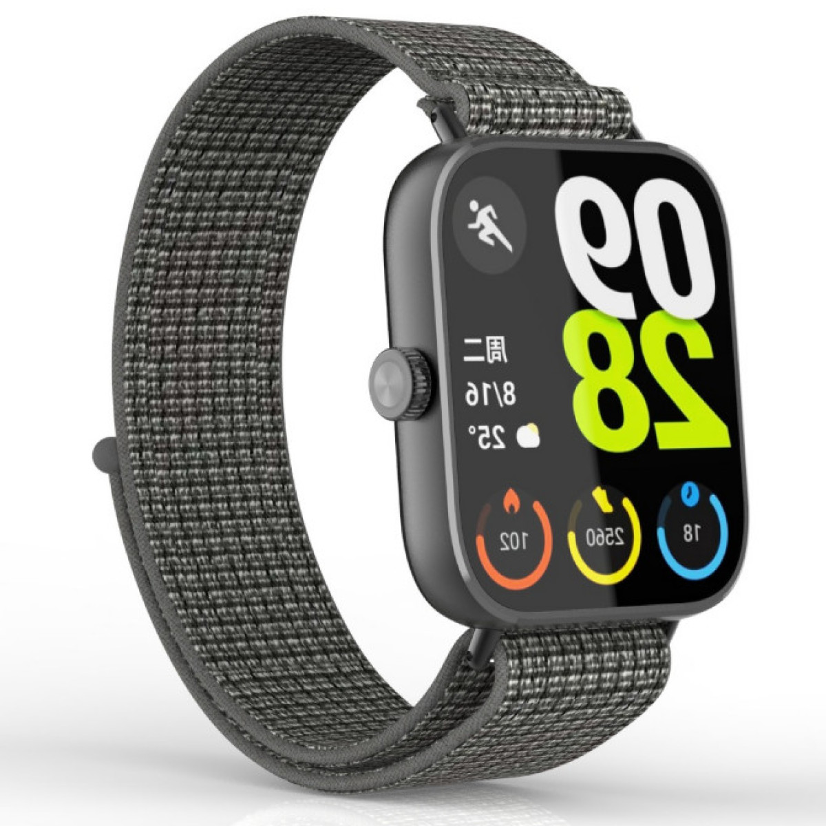 Smartwatch mit grauem Armband und schwarzem Bildschirm mit Daten und Symbolen. Die Uhr hat einen Knopf.