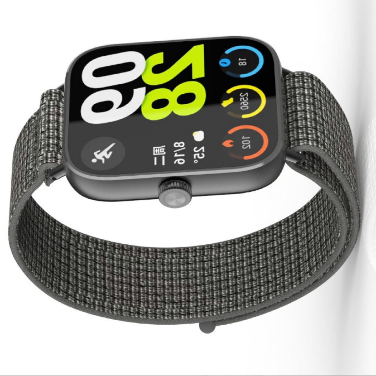Eine schwarze Smartwatch mit grauem Armband. Sie zeigt Zeit- und Aktivitätsmetriken an.