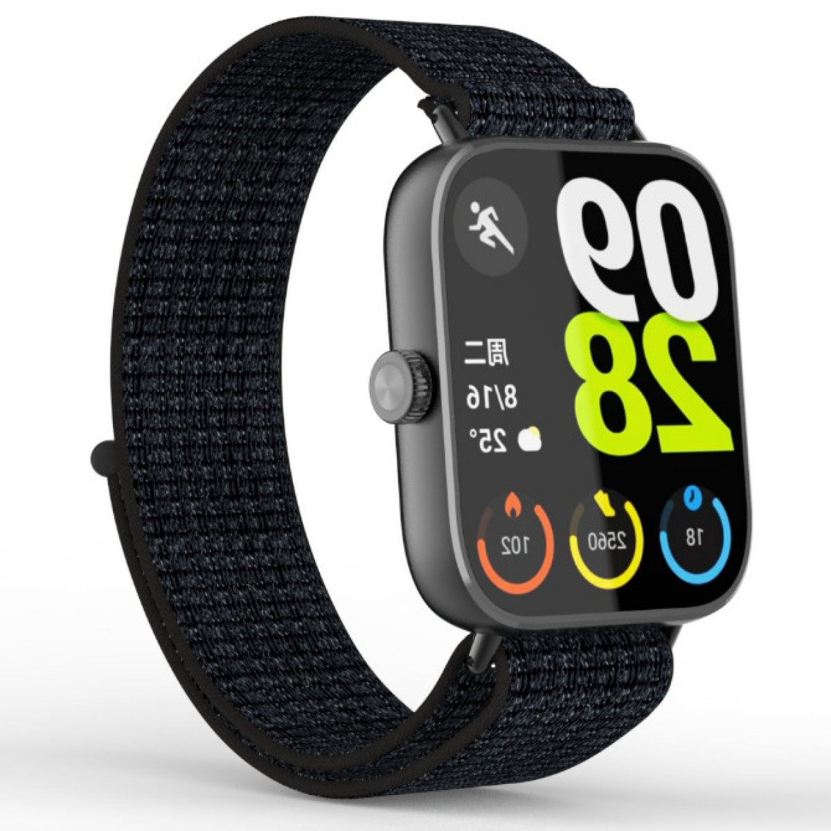 Czarny smartwatch pokazujący godzinę i inne informacje.