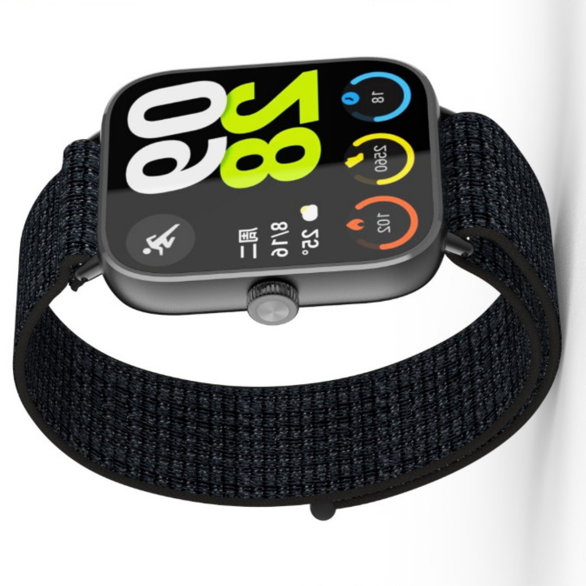 Smartwatch z czarnym paskiem. Wyświetlacz pokazuje czas, kroki, tętno i informacje o pogodzie.