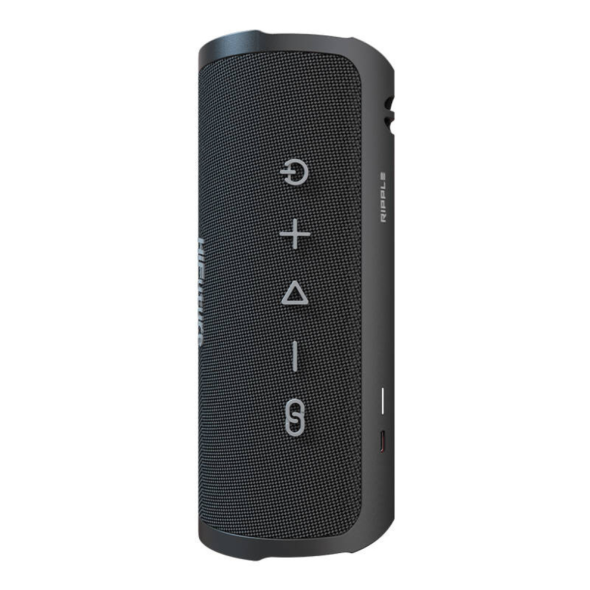 Altoparlante portatile cilindrico nero con pulsanti di controllo e logo Ripple. Griglia e porte laterali visibili.