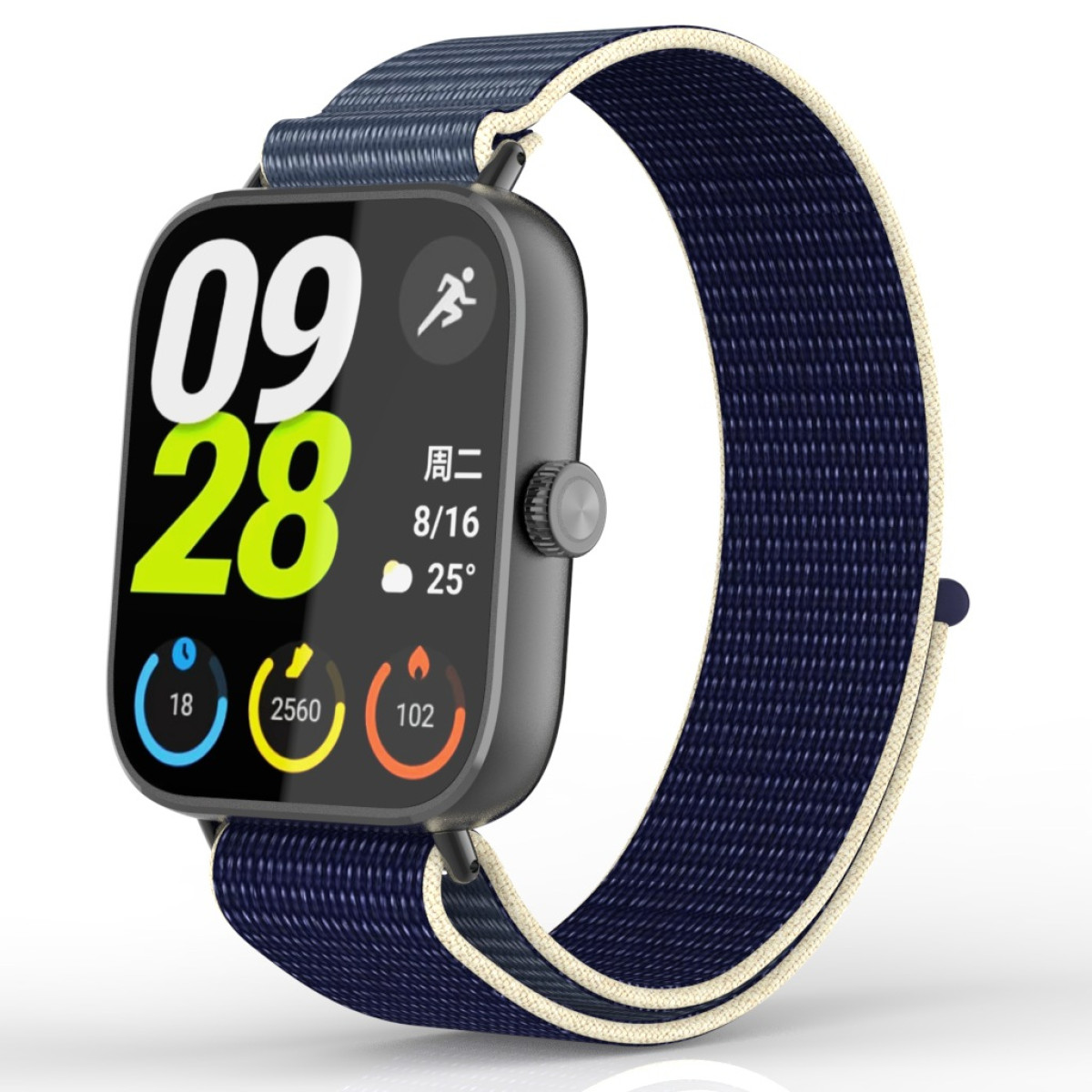 Eine Smartwatch mit blauem Stoffarmband, die Zeit, Datum, Schritte und Herzfrequenz anzeigt.