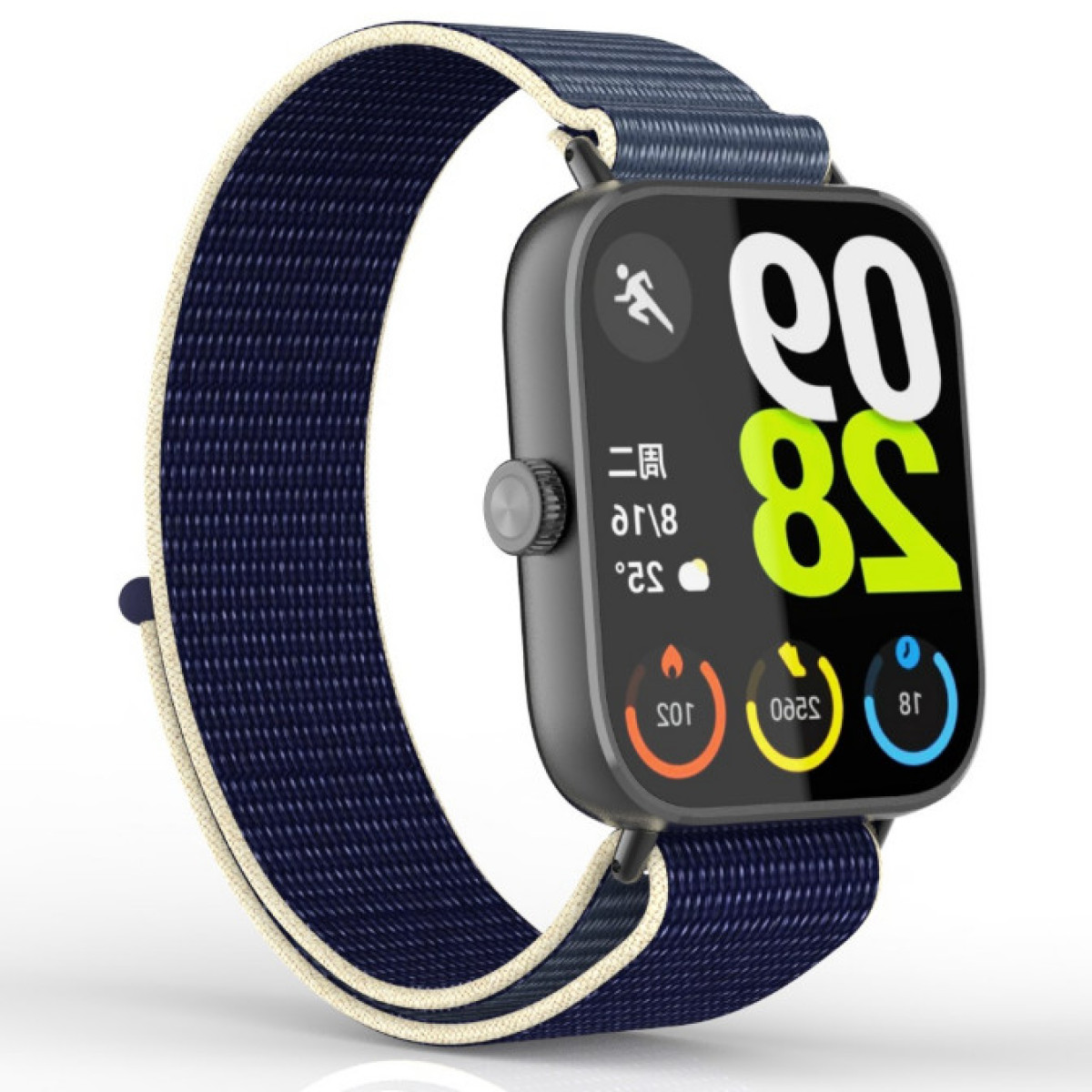 Eine Smartwatch mit blauem Armband wird gezeigt, die Zeit und andere Symbole anzeigt. Die Uhr ist auf weißem Grund.