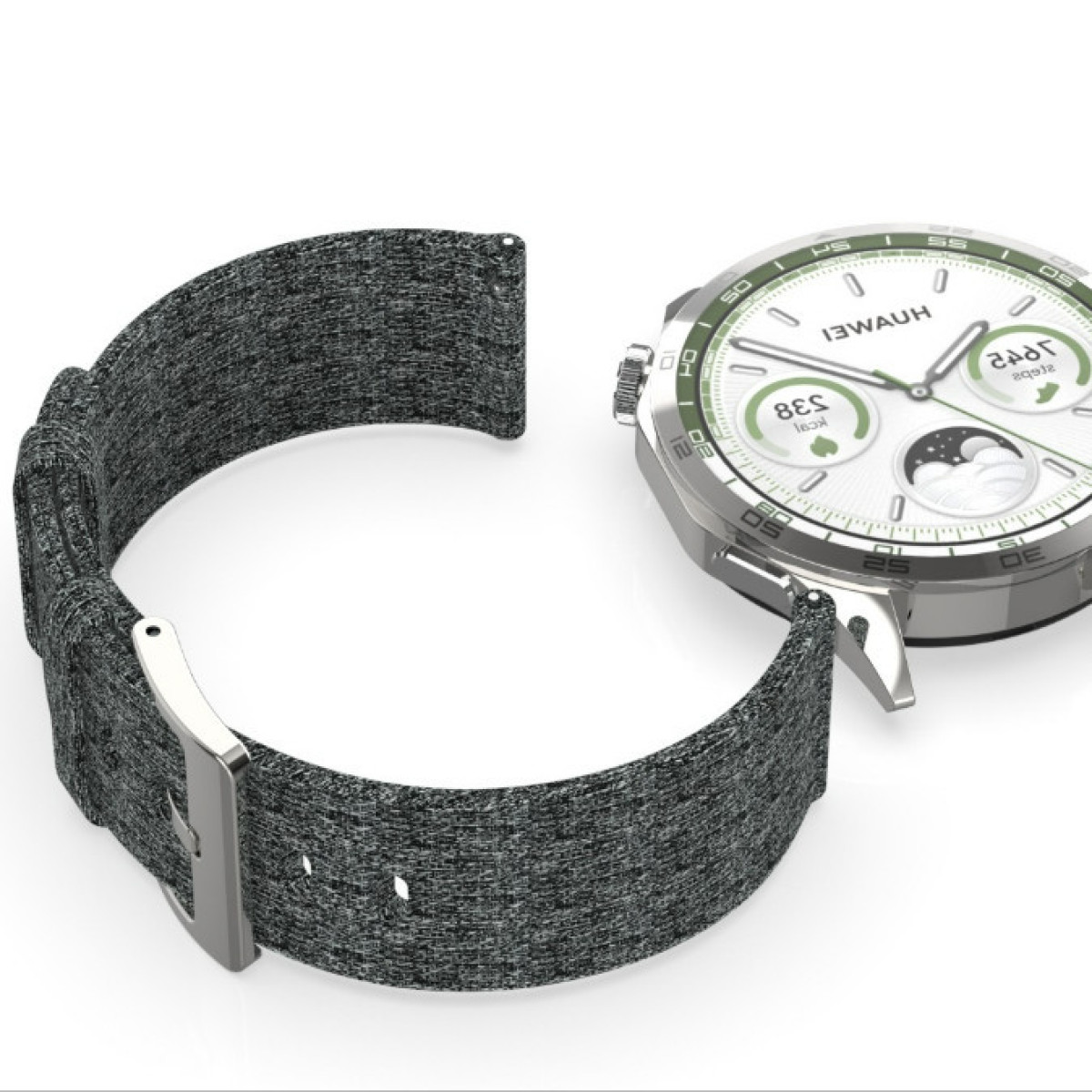 Ein graues Stoff-Uhrenarmband, das an einer silbernen Smartwatch mit weißem Zifferblatt und grünen Details befestigt ist.