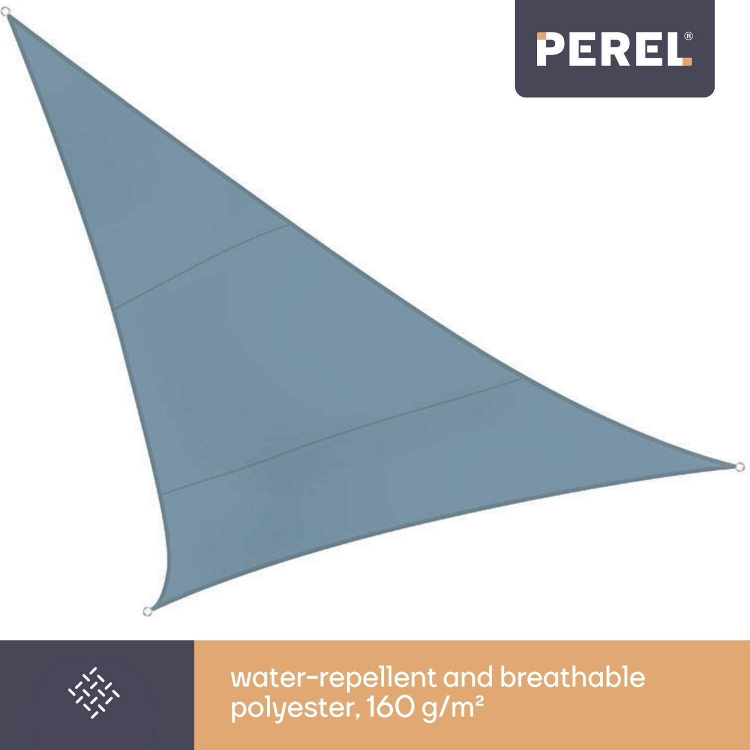 Vela parasole triangolare blu con testo: poliestere idrorepellente e traspirante.