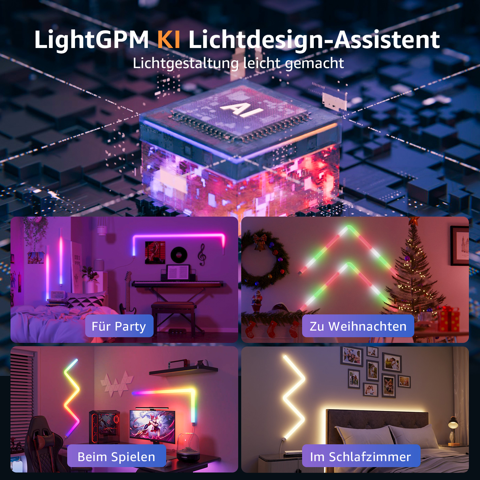Vier Bilder mit LED-Lichtstreifen für Party, Weihnachten, Gaming und Schlafzimmer.
