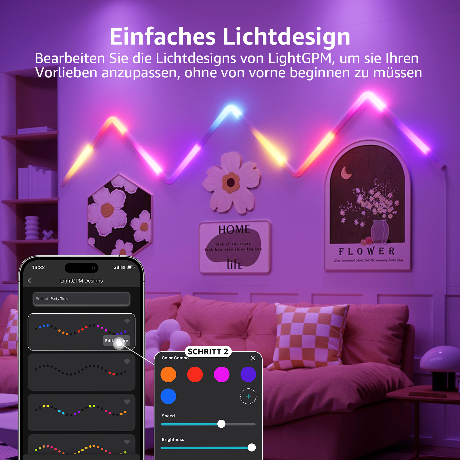 Wohnraum mit LED-Streifen. Smartphone-Steuerung wird gezeigt. Bunte Lichter, rosa Sofa.