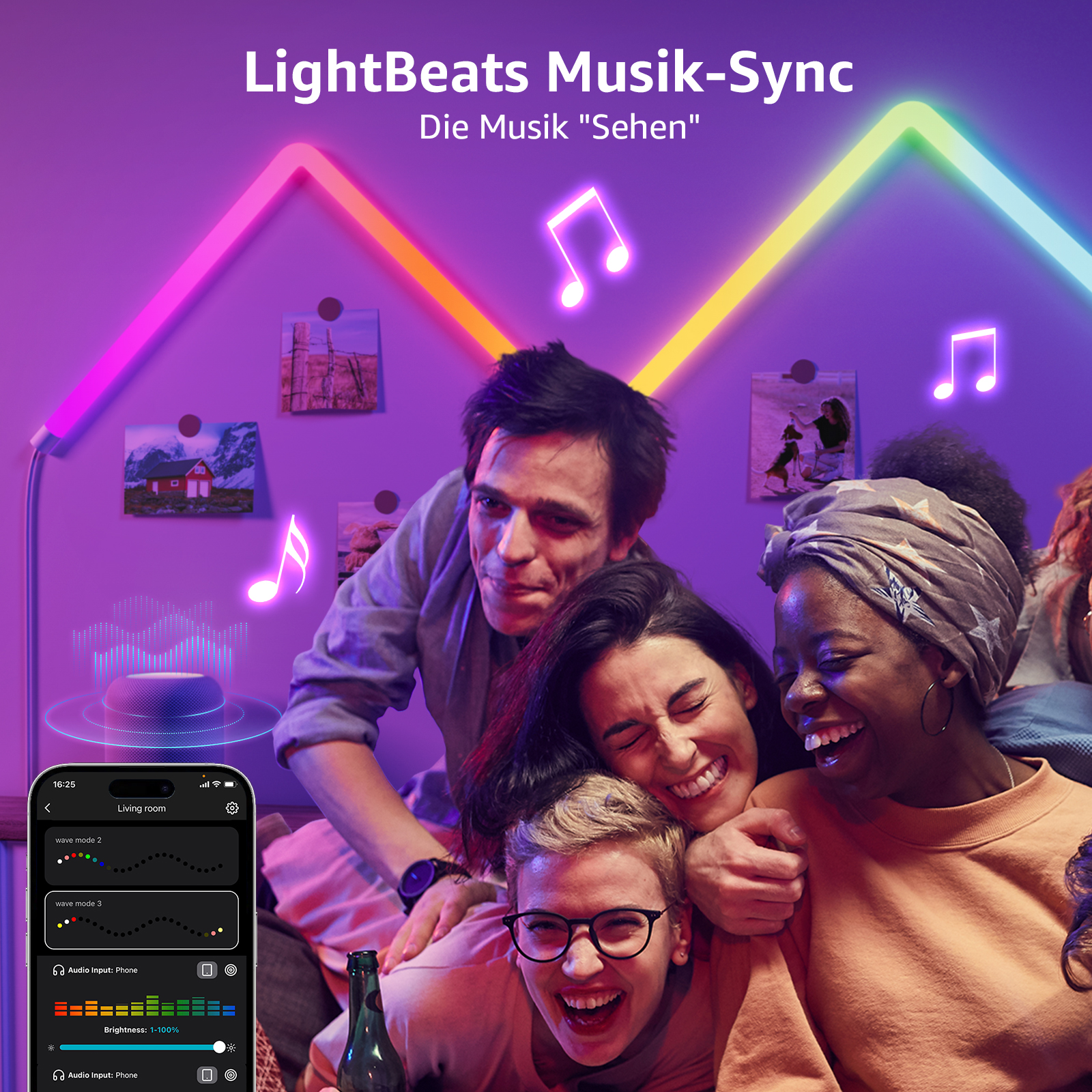Gruppe von Menschen, die zusammen lachen und interagieren, mit Noten und einem Neon-Lichthintergrund.