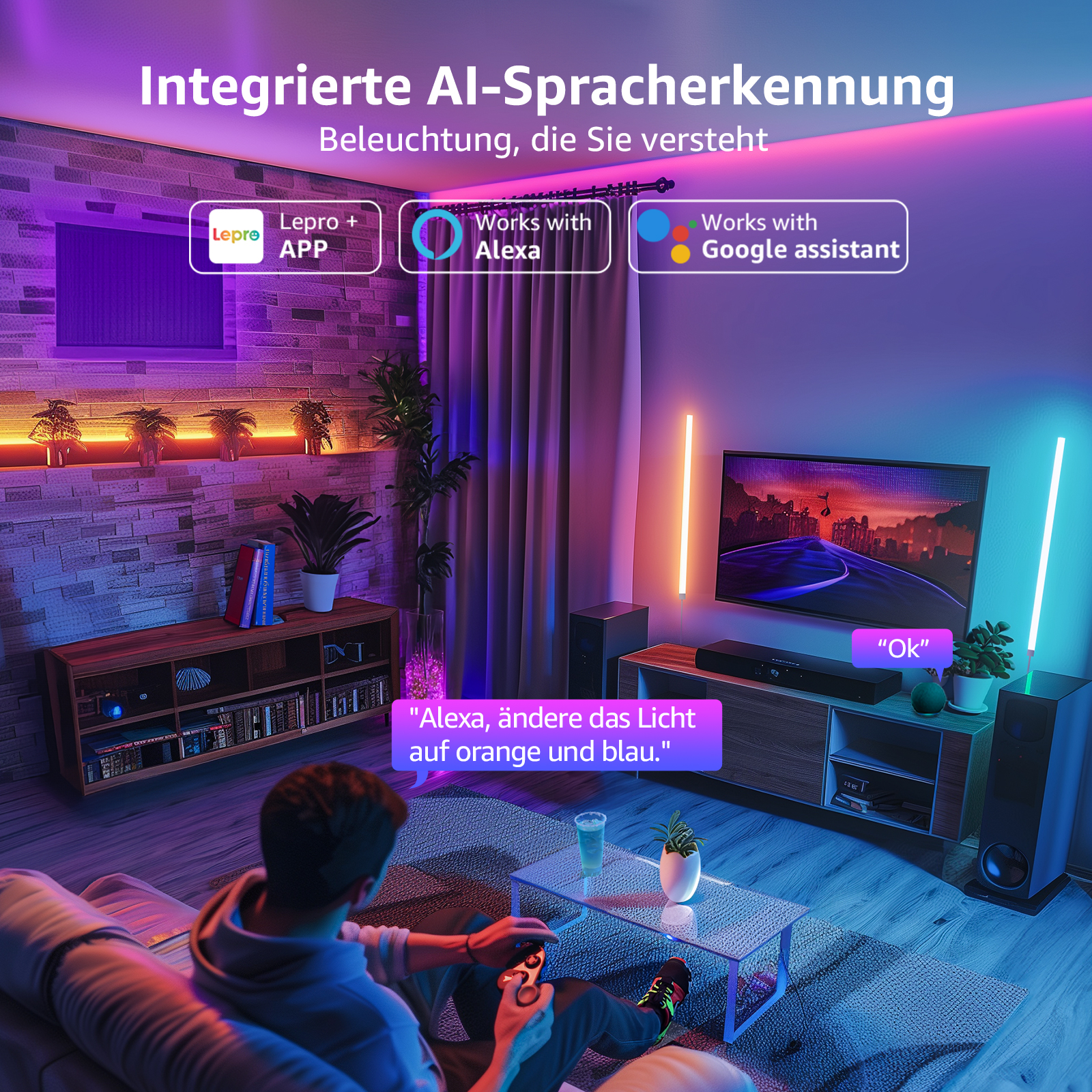 Wohnzimmerszene mit intelligenten Lichtern, spielende Person und Sprachsteuerungs-Icons.
