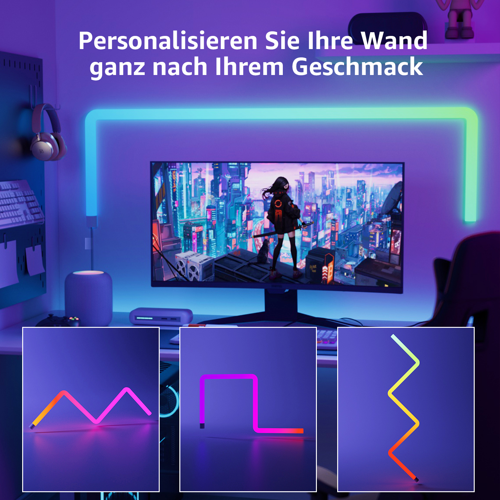Ein Desktop mit bunten Lichtern an der Wand. Es gibt drei Beispiele für Lichtmuster.