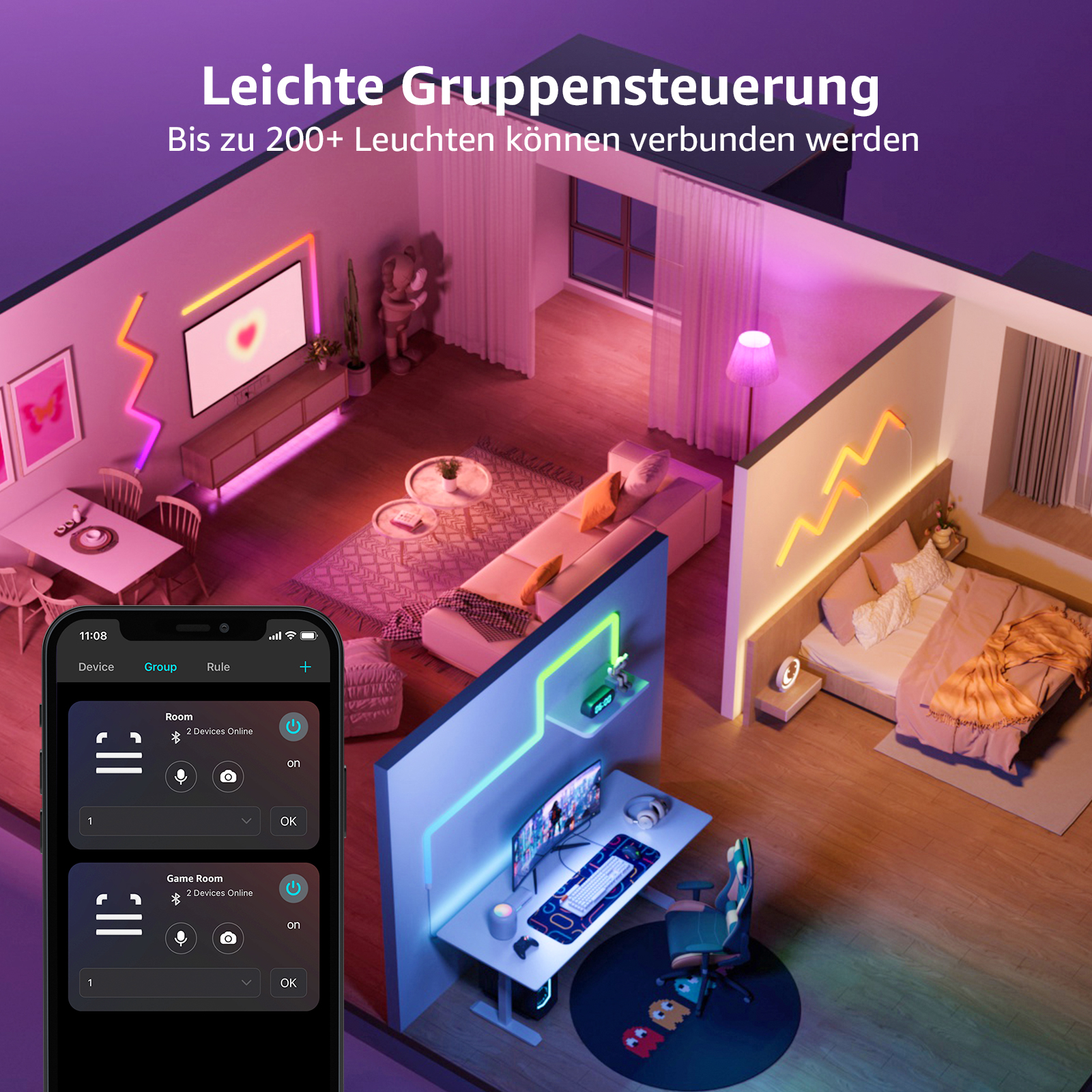 Zimmer mit intelligenten Lichtern. Telefon zeigt Bedienfeld. Verschiedene farbige Lichter beleuchten den Raum.
