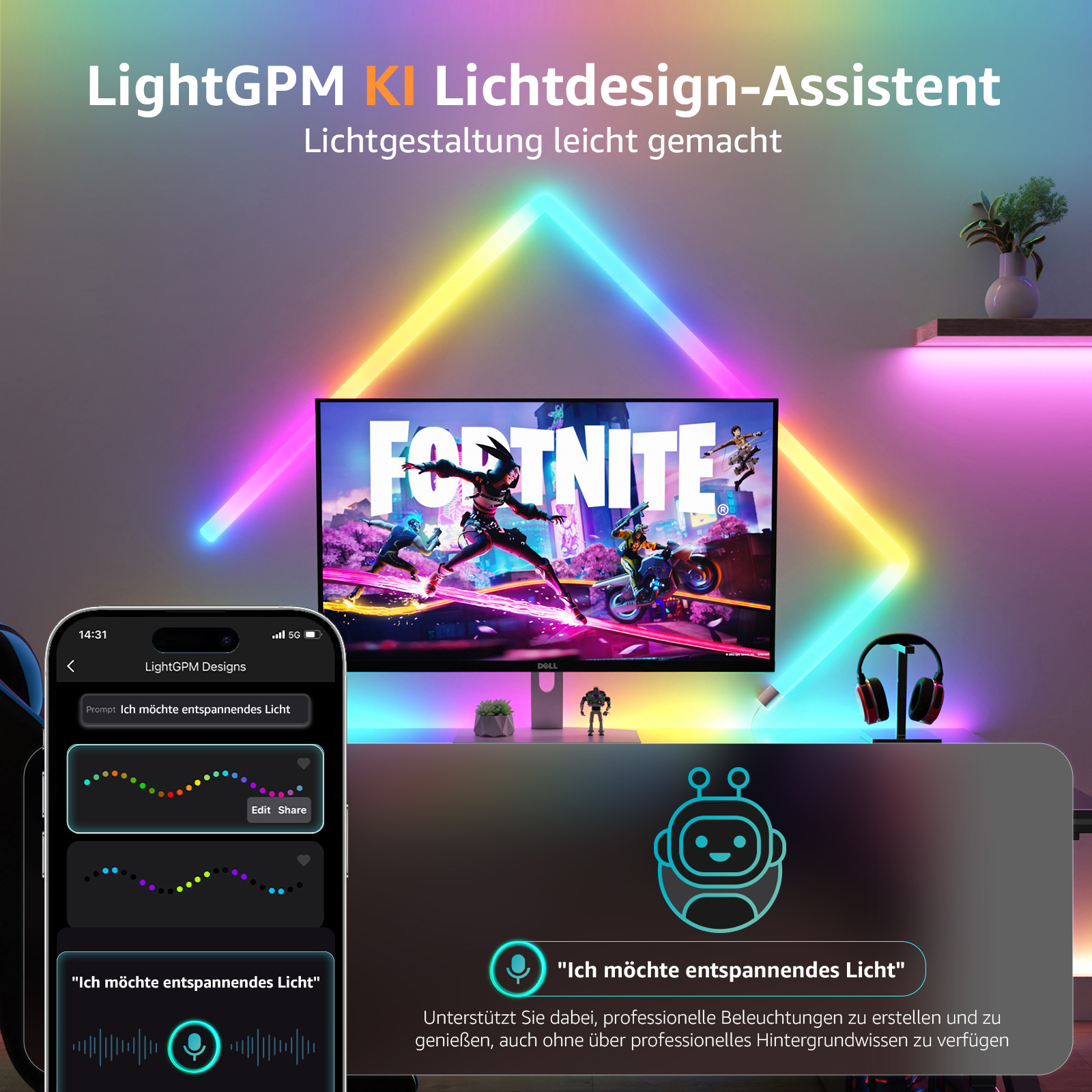 Ein Raum mit einem Fernseher, der Fortnite zeigt, Neonlichtern und einer mobilen App-Oberfläche.