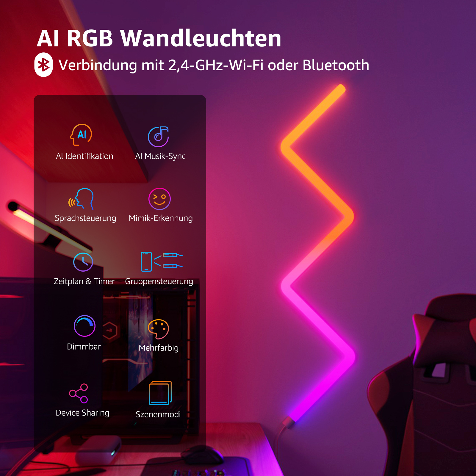 Eine AI RGB Wandleuchte mit verschiedenen Farboptionen und Funktionen, an einer Wand gezeigt.