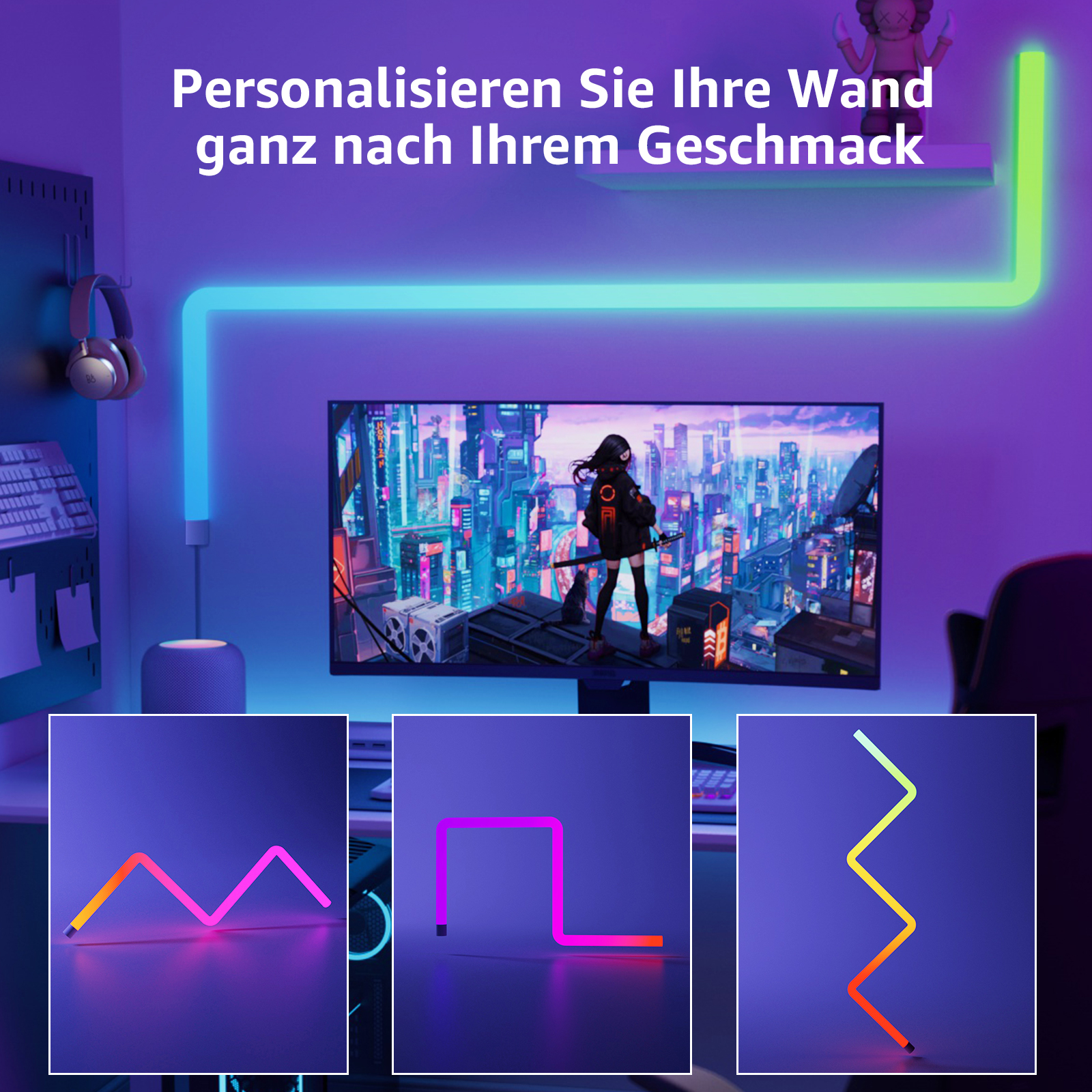 Eine Wand mit einem Monitor und drei farbenfrohen LED-Lichtmustern. Der Text oben lautet "Personalisiere...".