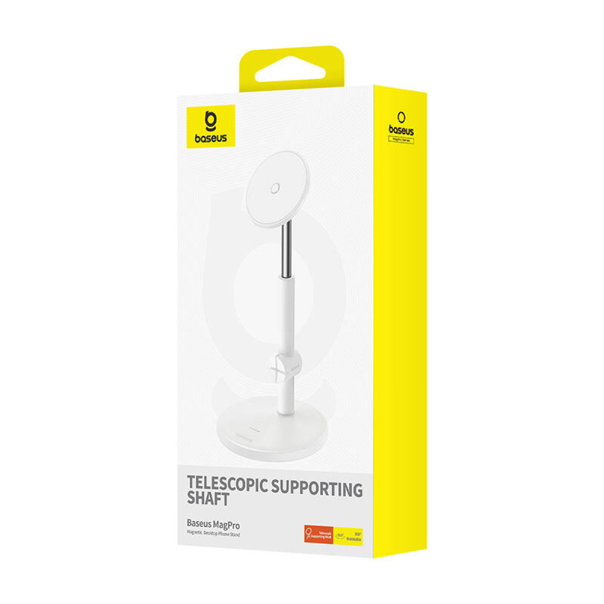 Biało-żółte pudełko z podstawką do telefonu w środku. Stojak jest regulowany.