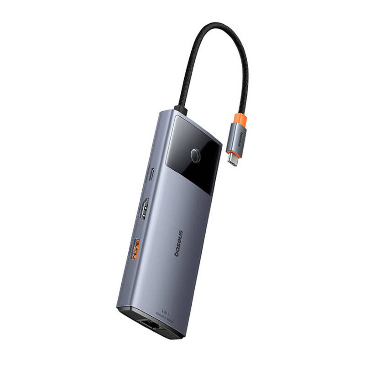 Grauer Baseus Hub mit schwarzem Kabel und mehreren Anschlüssen, orangefarbene Akzente.