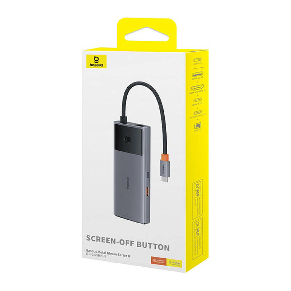 Baseus USB-Hub in Box, mit Kabel, Anschlüssen und einem Ein-/Ausschalter.